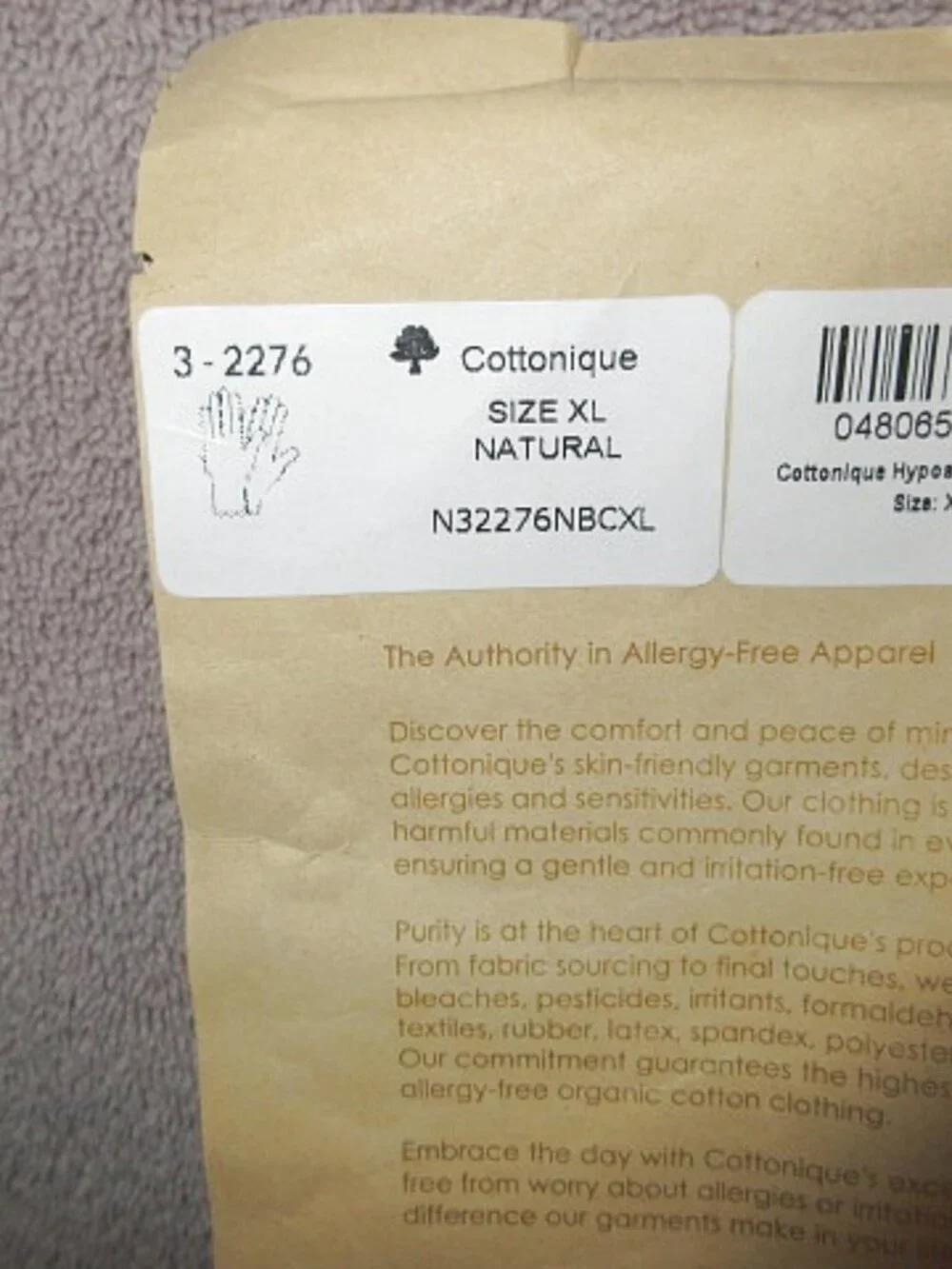 Cottonique Organic Cotton Adult Hypoallergenic Gloves 1 Pair XL Sustainable NEW